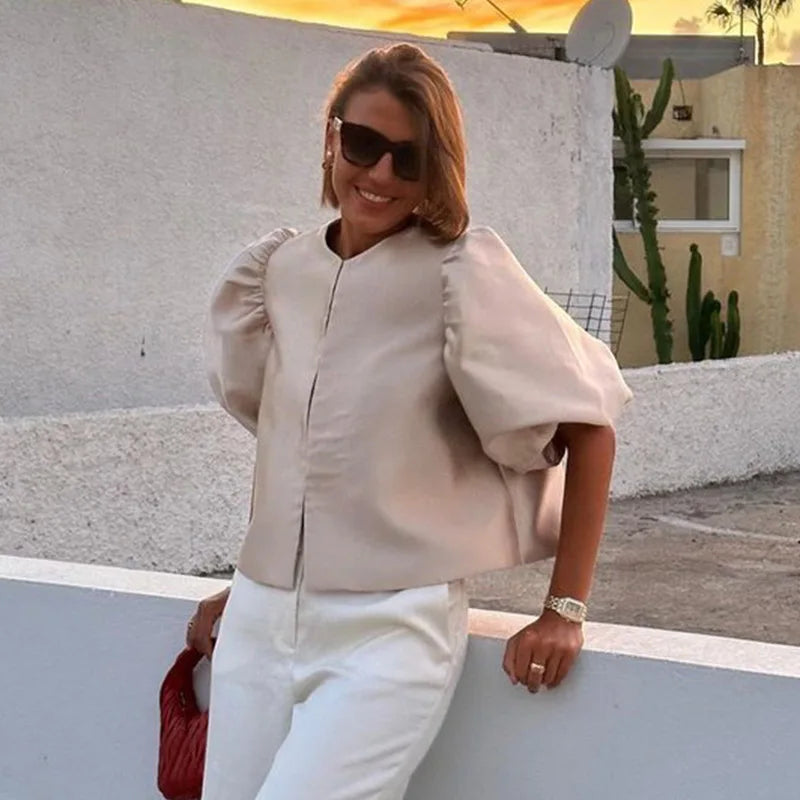 O Neck Lantern Short Sleeve Women Top Loose Solid Female Blouse 2025 Fashion Elegant Office Spring Summer Casual Lady Shirts