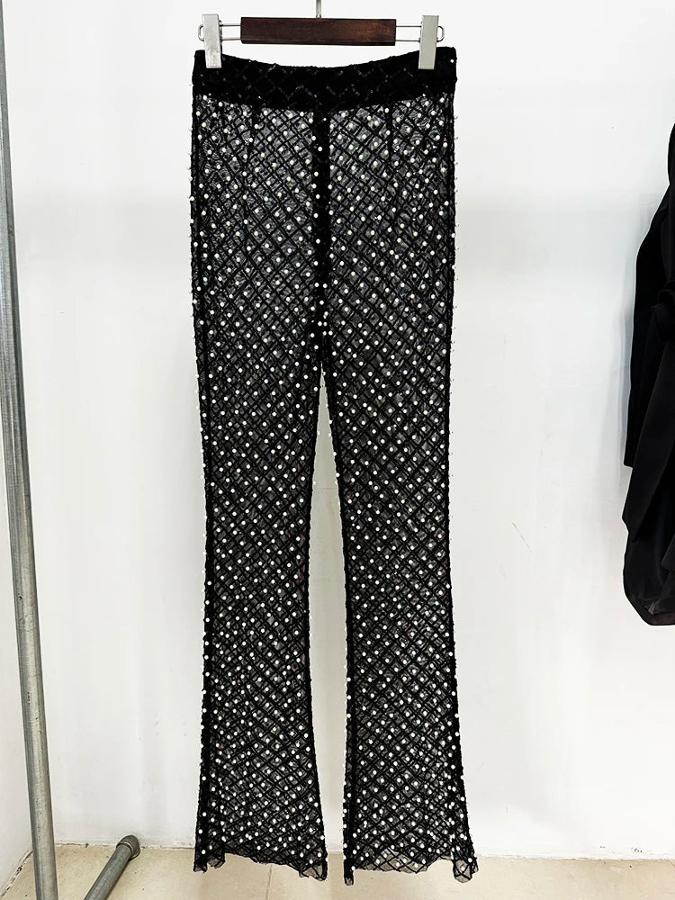 HIGH STREET Newest 2025 Designer Runway Fashion Women's Hollow Out Flowers Appliques Pearls Beaded Blazer Gauze Pants