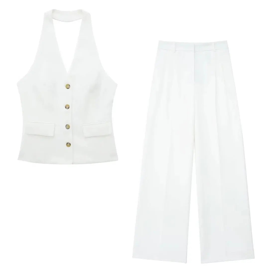 TRAFZA Women Fashion Solid Pant Suit Halter Single Breasted Sleeveless Blazer Vest Top Zipper Fly Trousers Office Lady Sets
