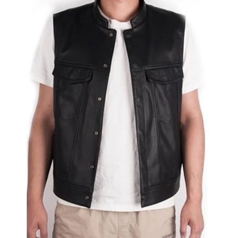 Solid Color Mens Faux Leather Vest Motorcycle Standing Collar Leather Vest Team Punk Shoulder Vest for Men