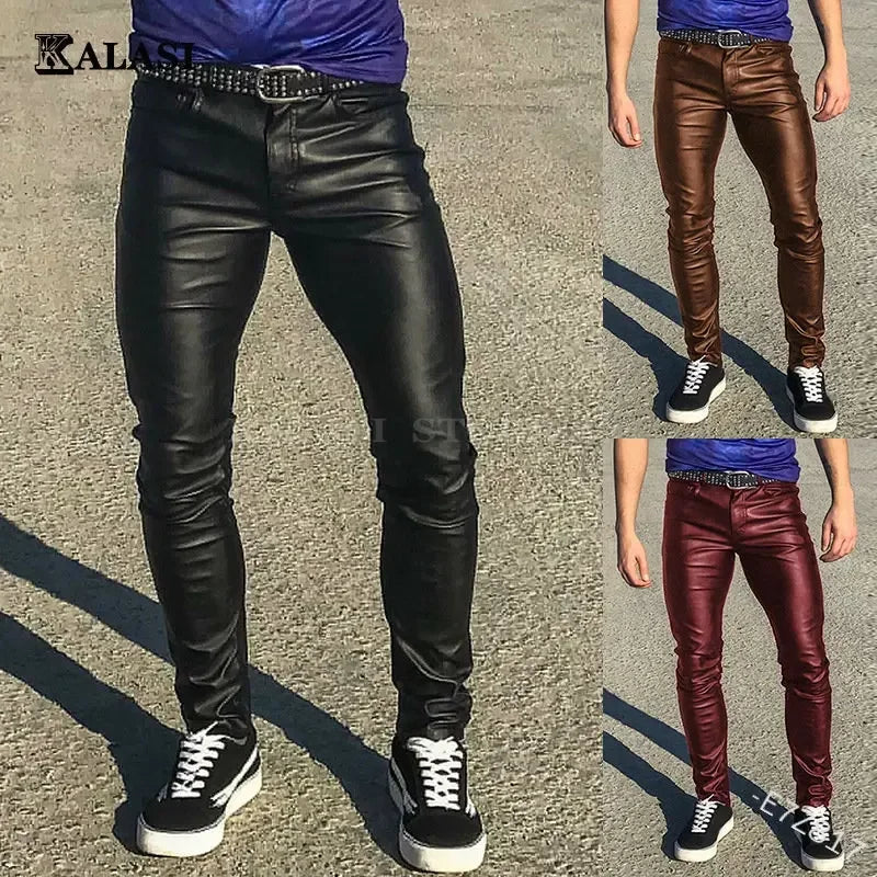 Punk Casual Pu Leather Pants Solid Color Men'S Clothing Tight Elastic Low Waist Boy Pant s Trousers Leather Pants Men's locomoti