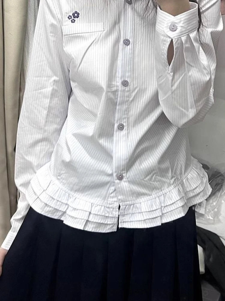 HOUZHOU White Striped Women's Shirt Long Sleeve Floral Embroidery Korean Fashion Blouses Ruffles Loose Preppy JK Spring New