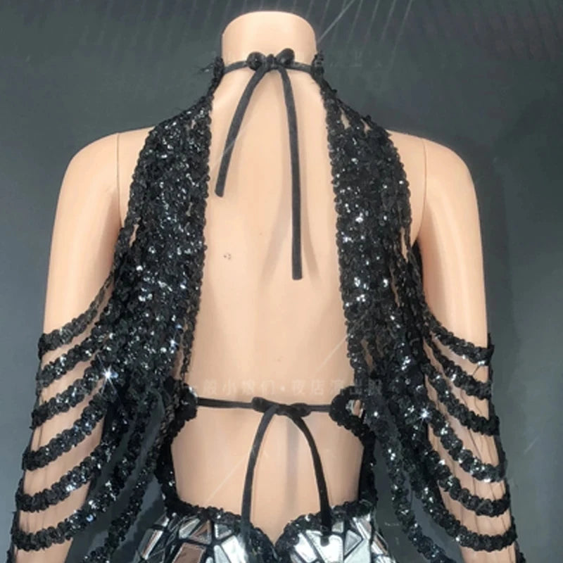 Black Night Out Stage Wear Drag Queen Outfit Sparkly Shinning Sequins Bodysuit Women Dancer Gogo DJ Nightclub Party Tassel