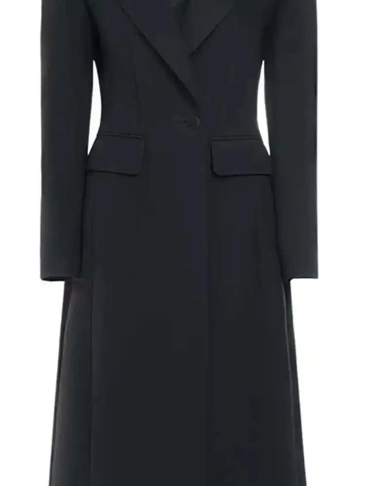 EAM Women Black Slim Ankle Length Blazer New Lapel Long Sleeve Single Button Jacket Fashion Tide Spring Autumn 2025 31A0382