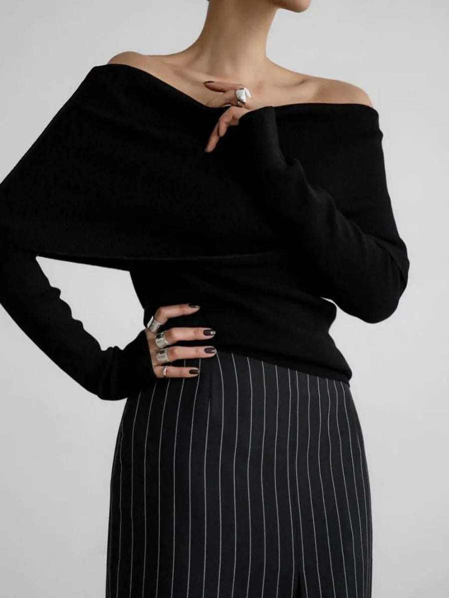 Off Shoulder Women Gray Sweater Knitwears Top Long Sleeve Pullovers Tops Outerwears Sweaters Clothing Red Black White Brown New