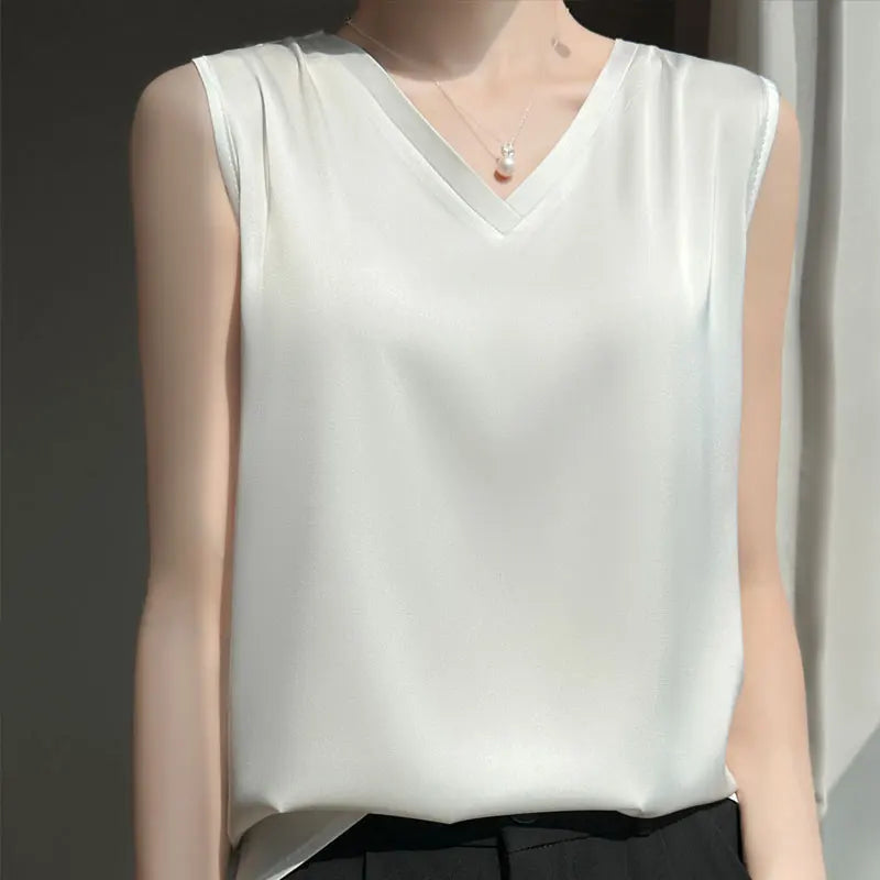 V-Neck Silk Vest Women's Summer Short-Sleeved Blouse With Acetic Acid Satin Top Sleeveless Bottoming Shirt YTM A39