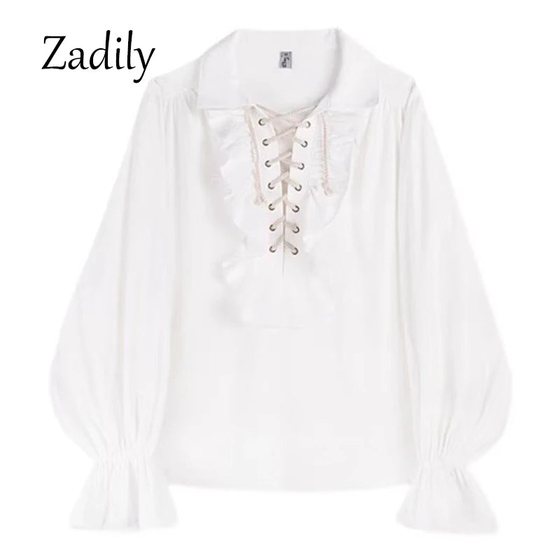 Pirate Shirt Vampire Prince Poet Shirts 2024 All Season Medieval Buccaneer Frills Lace Up Renaissance Vintage Gothic Blouse Tops