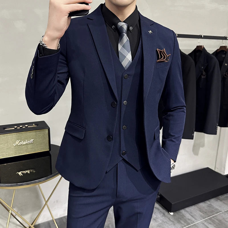 ( Blazer + Vest + Pants ) Boutique Fashion Solid Color Men's Slim Casual Business Suit Three-piece Set Groom Wedding Dress Party