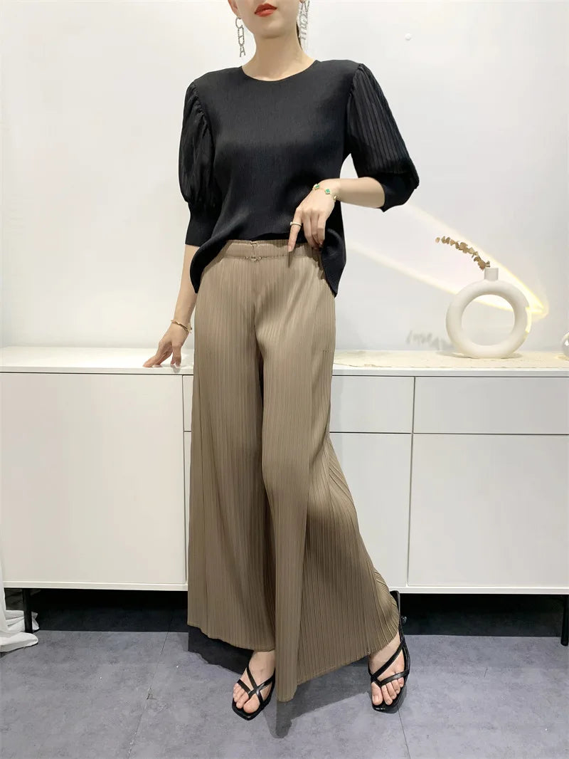 Miyake Summer Pants Women's Comfortable Casual 2025 New Loose Straight Leg Pants Wide Leg High Waist Slim Pleated Pants