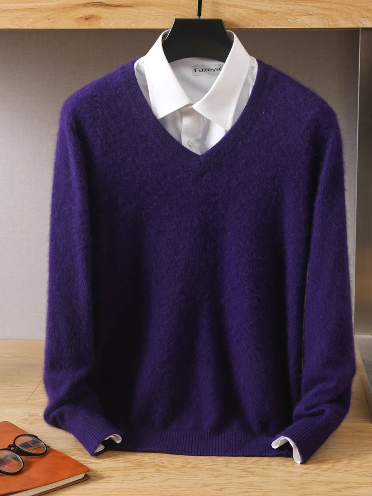 MVLYFLET 2024 NEW Men's 100% Mink Cashmere Sweater V-Neck Pullovers Knit Large Size Winter New Tops Long Sleeve High-End Jumpers