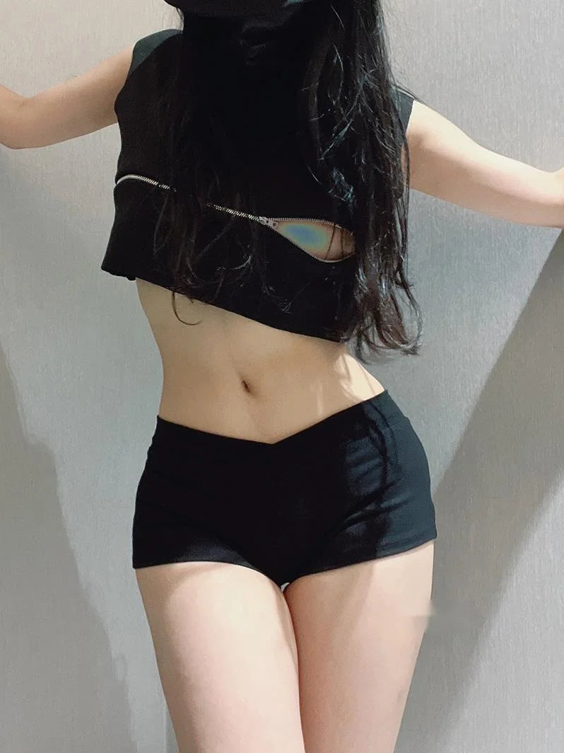 WOMENGAGA Simple Black Dance Fitness Running Ultra Short Sports Casual Shorts Female Summer Tight Low Waist Sexy Korean US8F