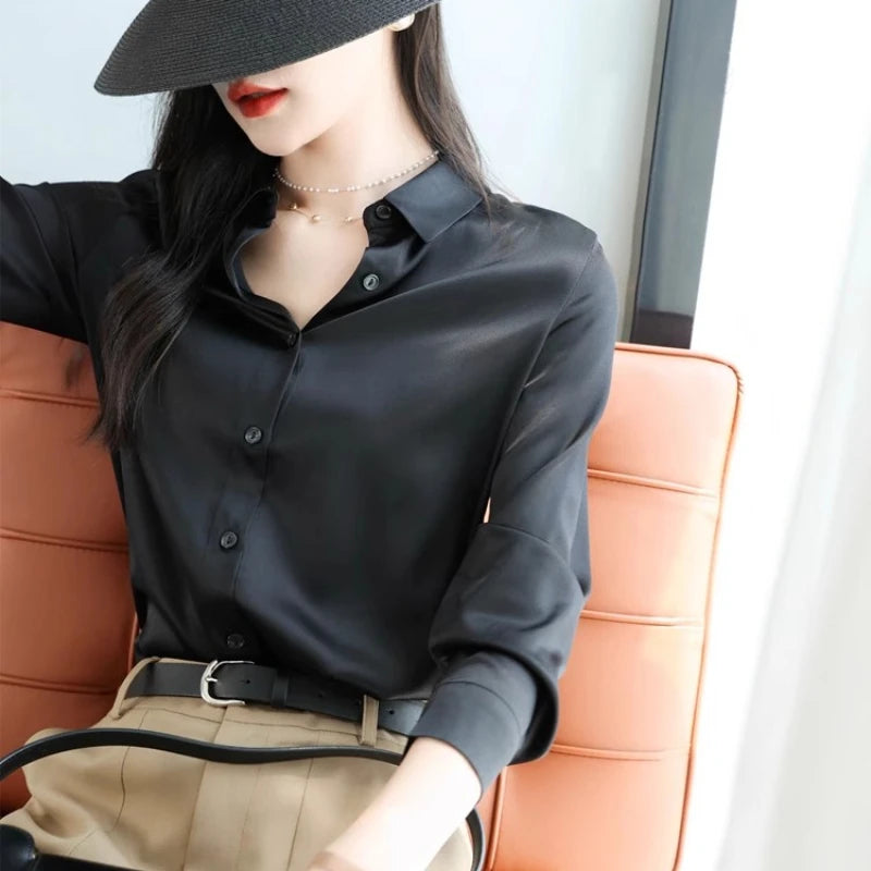 Satin Women's Shirt Blouses for Women Fashion 2025 Korean Style Womens Tops Luxury White Shirt Women OL Loose New Women Clothing