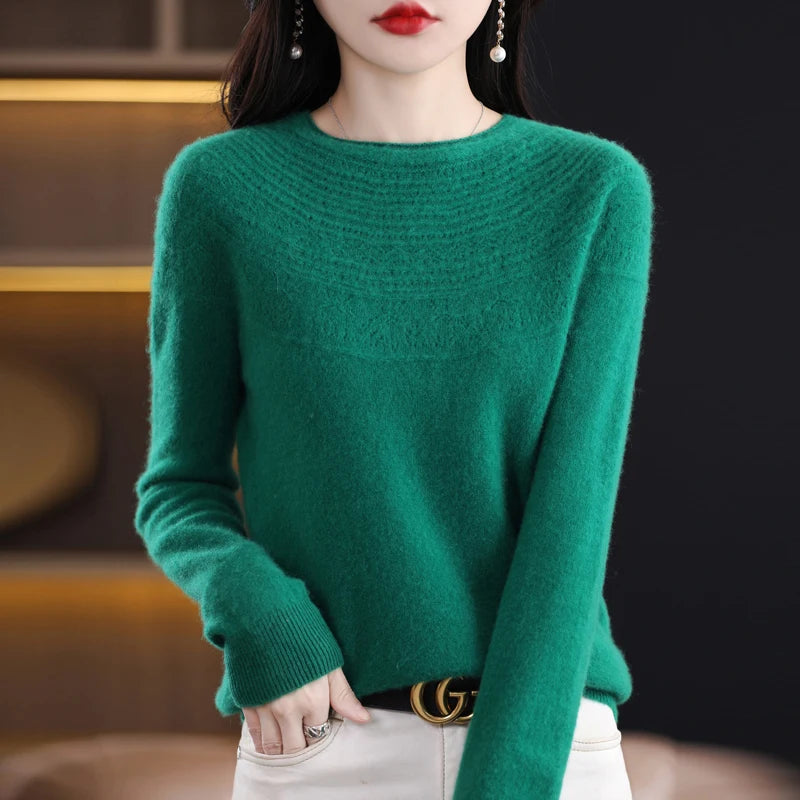 100% Merino Wool Knitted Sweater Autumn/Winter 2024 New Women's Round Neck Hollow Top 11 Color Pullover Versatile Coat NJR1107