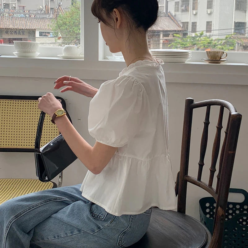 Shirts Women Elegant Sweet Preppy Style Cute Summer Tops Short Puff Sleeve New Arrival Stylish Korean Camisas Mujer Vintage Pure