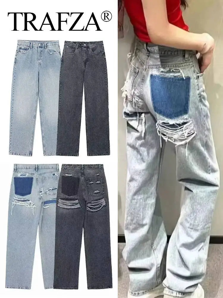 TRAFZA Jeans For Women Fashion Vintage Holes Decorated Denim Pant Patchwork High Waist Trousers Y2K 2024 High Street Lady Jeans