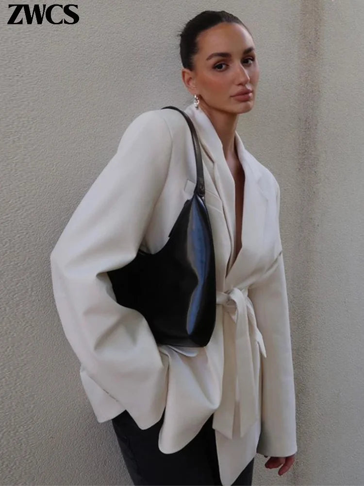 Elegant Lapel Belt Blazers Coat Women Casual Long Sleeve Pockets Turn-down Collar Tops 2025 Autumn New Lady Chic Urban Outwear