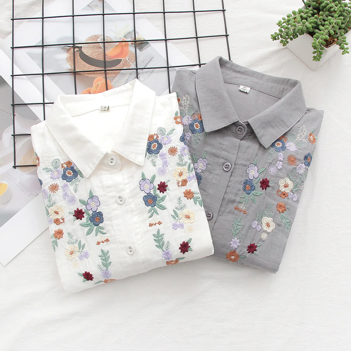 Spring Double 100% Cotton Yarn Shirts Women Turn-down Collar Loose Tops Girl Long Sleeve Embroidery Blouses 2024 Autumn T42909QM