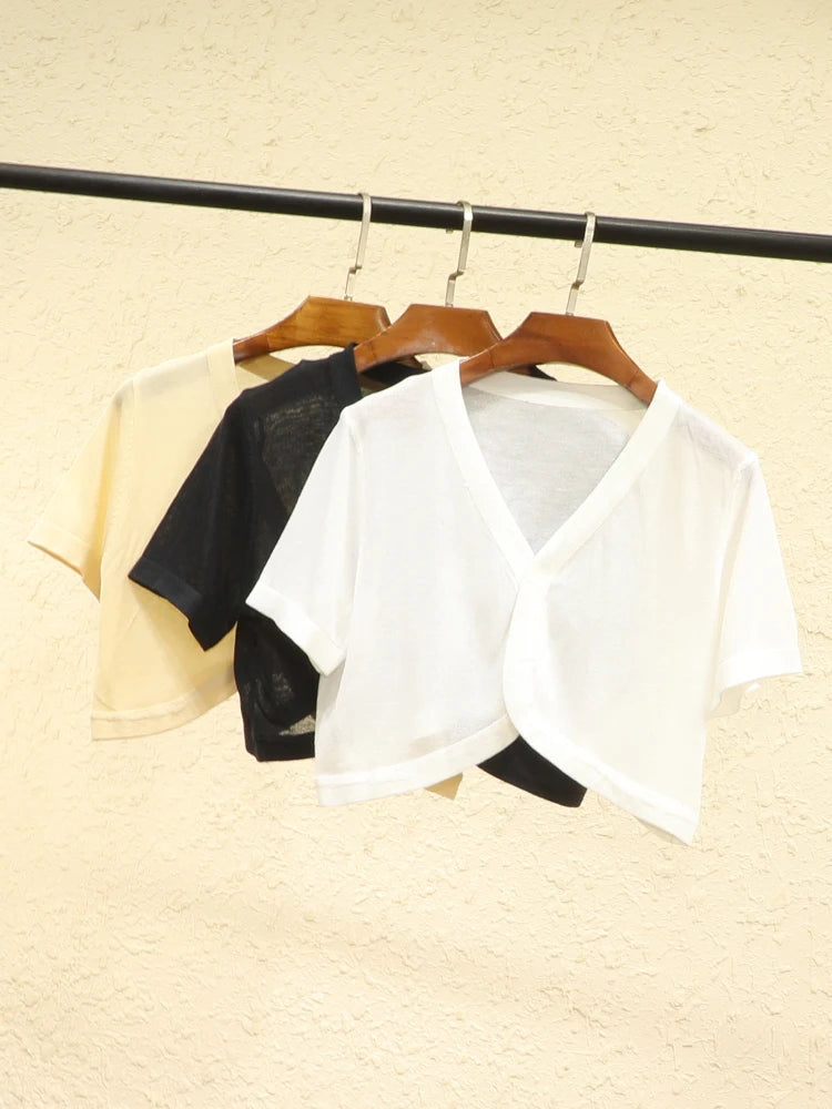 Outerwear Jerseys Summer Cardigan Women Cropped Blouses Korean Fashion Style Cute V-neck Women's Coat Black Bolero Woman Basic