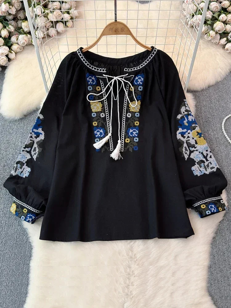 2025 Spring Retro Embroidered Shirt Top Female Lace Up Tassel Loose Lantern Sleeves Ethnic Style Blouse Female A70