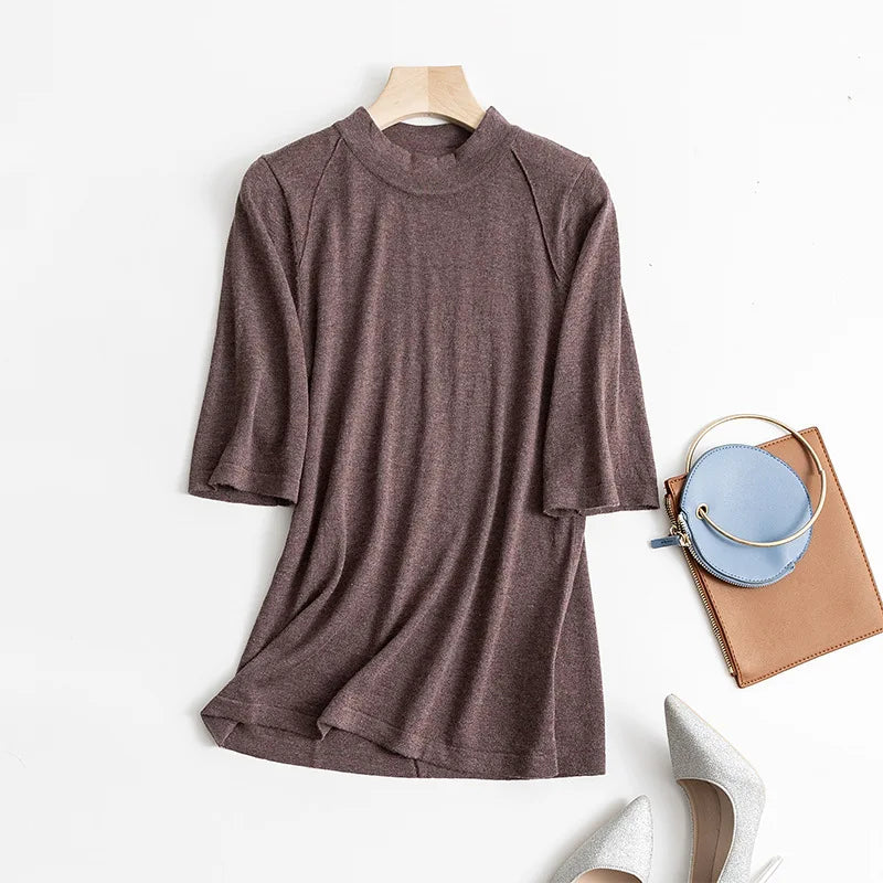 Good Quality 85% Silk 15% Wool High Neck half sleeve pullover Top Sweater M-2XL SG317