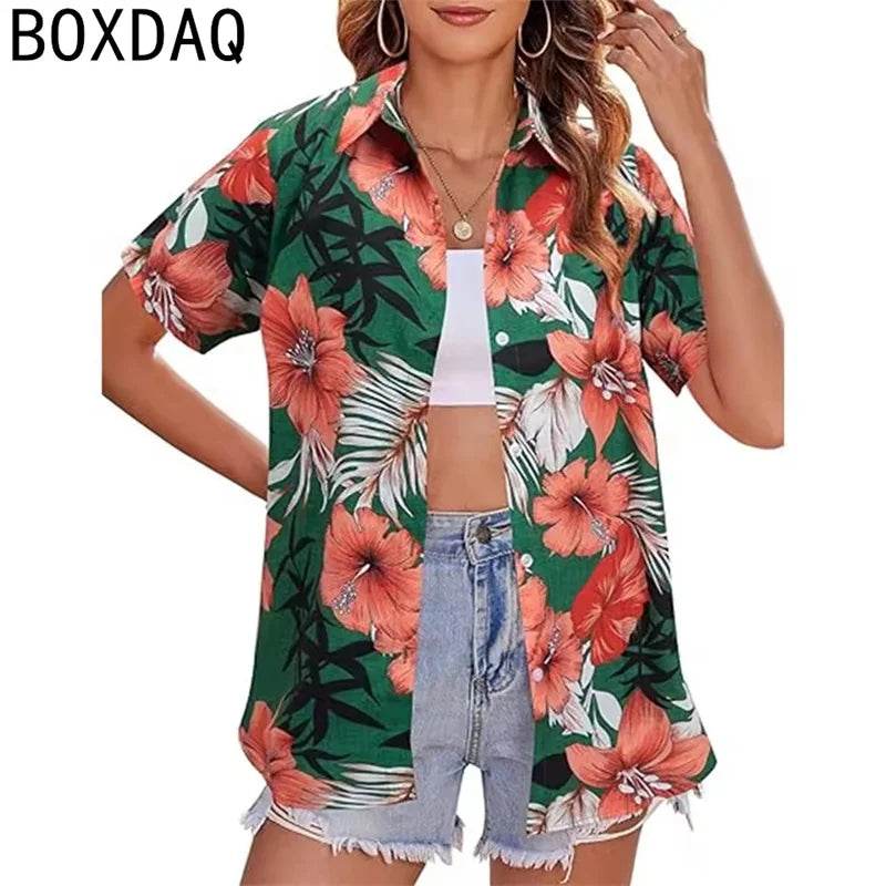 Tropical Coconut Tree Print Women's Hawaii Style Shirt Summer Lapel Short Sleeve Single Breasted Casual Personalized Shirt Tops