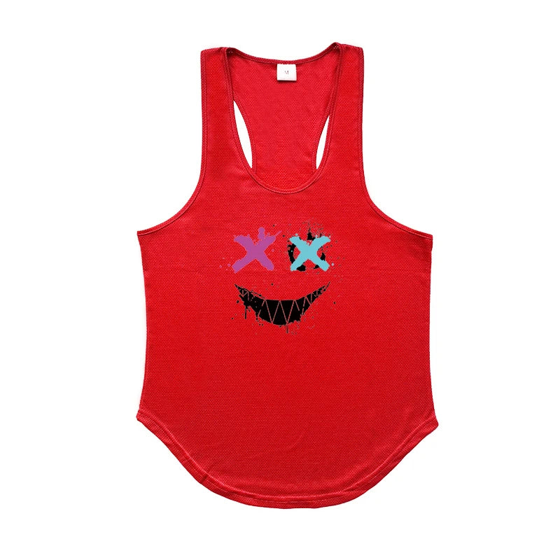 Trendy Personality Funny XX Smile Face Gym Fitness Vest Men Bodybuilding Sleeveless Tank Tops Mesh Quick Dry Racer Back T-Shirt