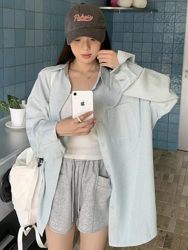 Korean Yellow Striped Shirt Women Lazy Wind Loose Preppy Style Blouse Vintage Long Sleeve Casual Female Sweet Tops New