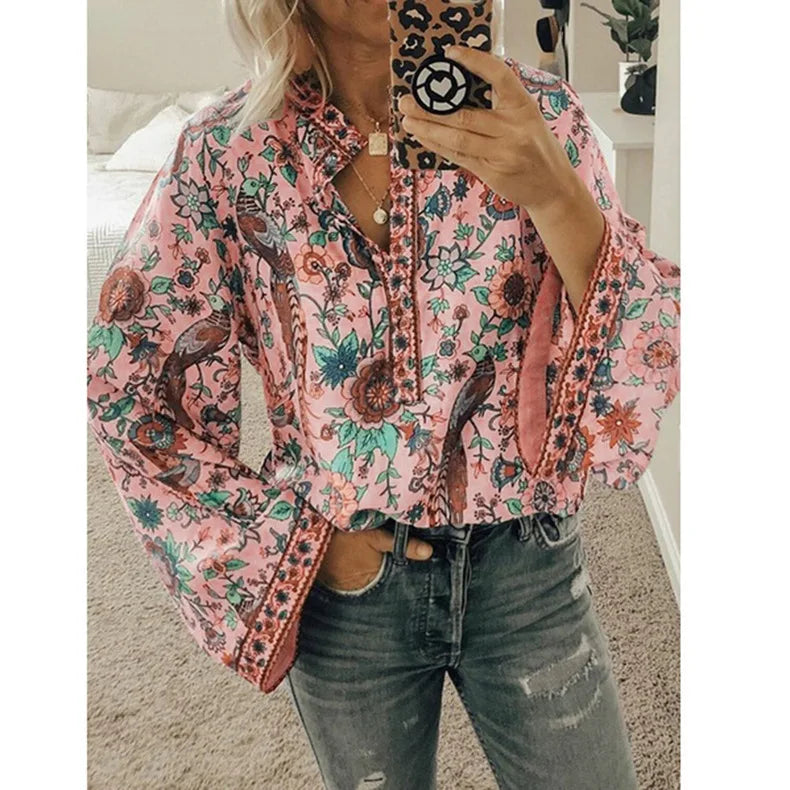 Bohemia Flower Printed Women's Blouse Flare Sleeve O-neck Casual Blouse Female New Autumn Fashion Ethnic Retro Ladies Shirt Tops