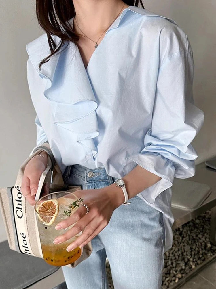 Zoki Sweet Ruffles Korean Shirts Women Loose Design V Neck Elegant Blouse Fashion Long Sleeve Spring Preppy Style Female Tops