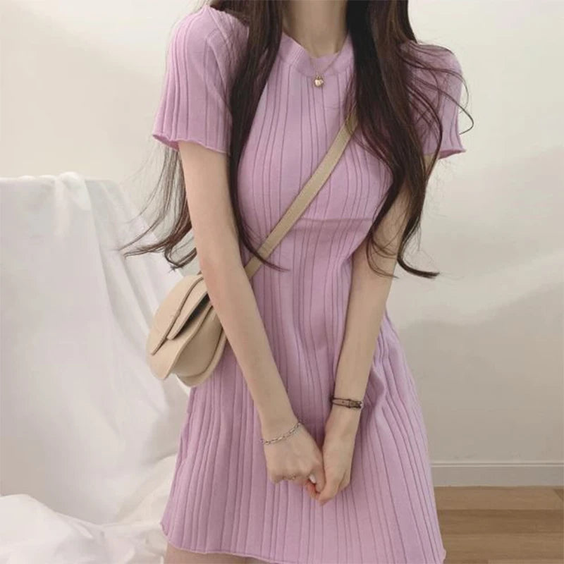 Women Solid Color Short Sleeve Round Neck Casual Daily Summer Mini Dress