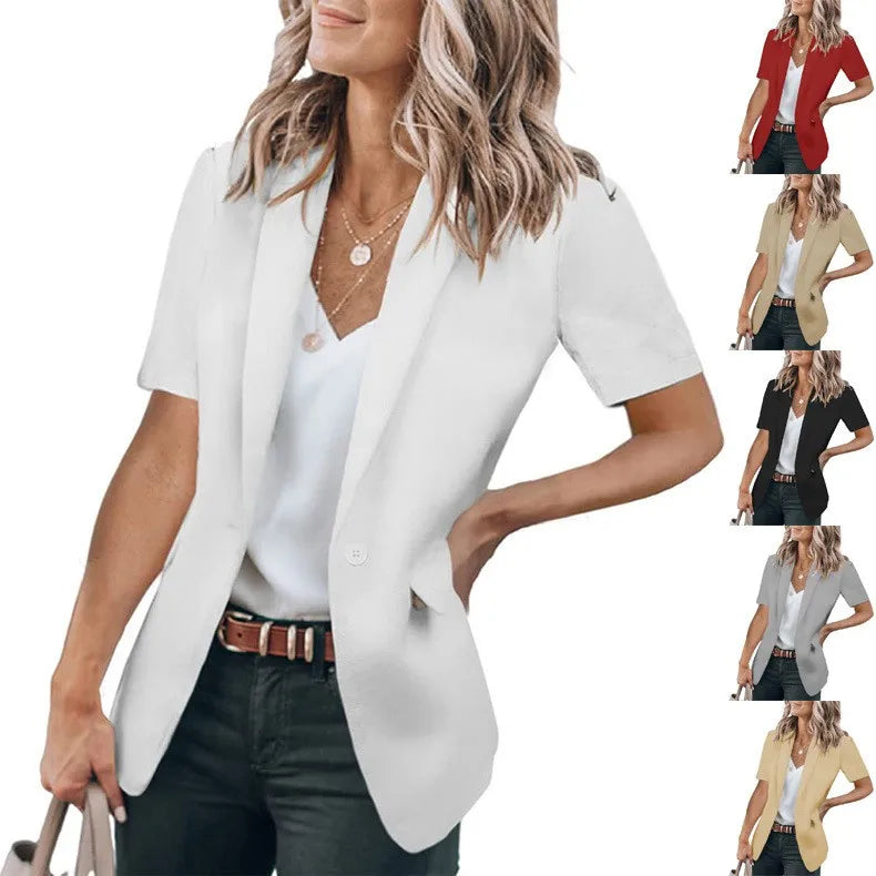 Summer women's temperament, fashionable and loose fitting small suit, European and American solid color suit collar, short sleev