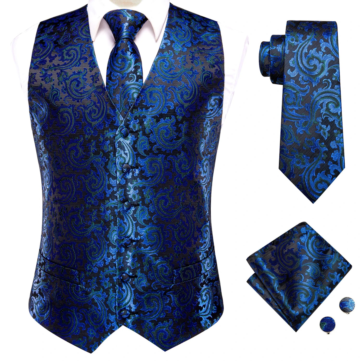 Hi-Tie Navy Blue Mens Vest Formal Silk Paisley Waistcoat Jacket Tie Handkerchief Cufflinks Set For Male Dress Suit Wedding Party