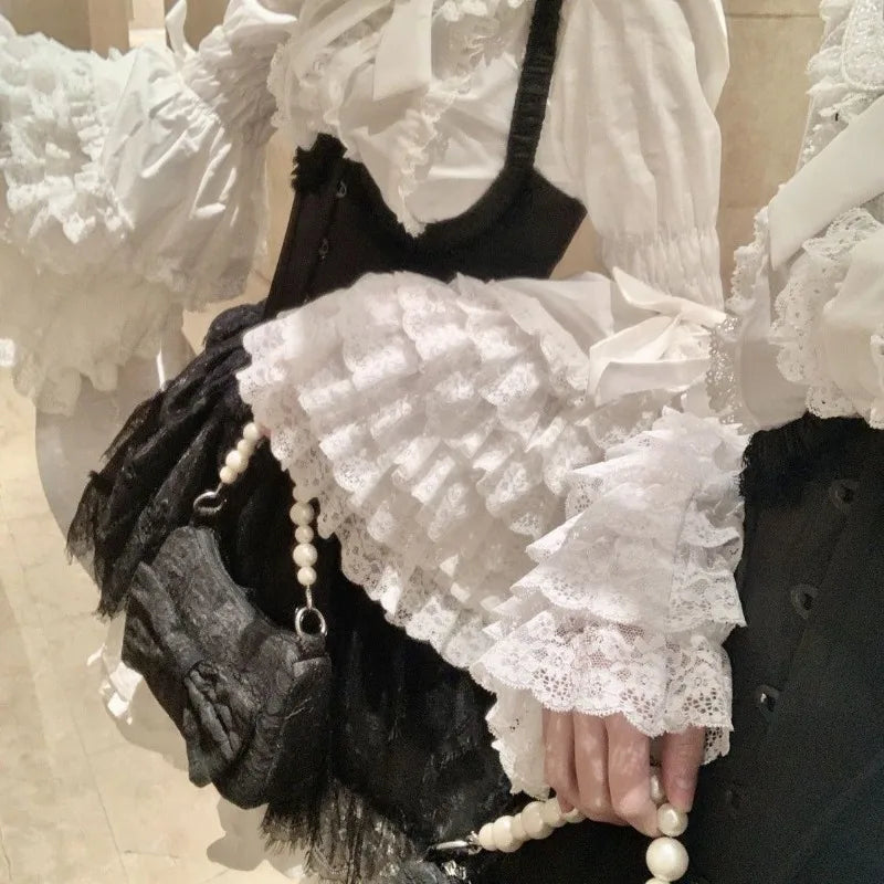 Lolita Lace Shirts Women Flared Long Sleeve Inner Wear Blouse White Shirt Women Y2k Tops Aesthetics Sweet Blouses New