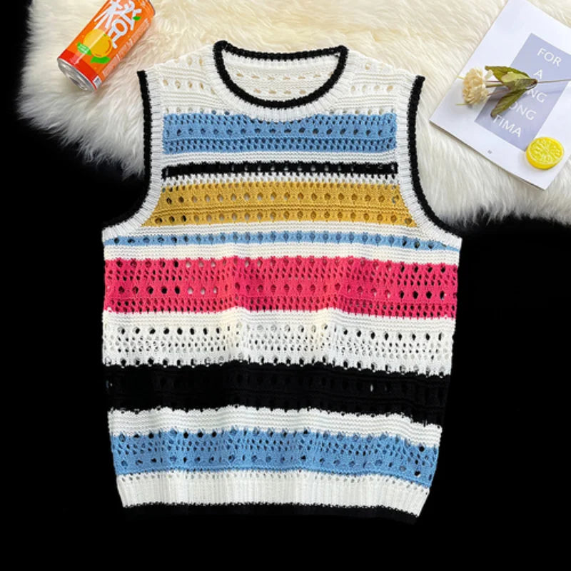 Contrast Striped Hollowed Out Knit Tank Top Men's Oversize Summer Japanese Outerwear Layered Bf Couple Knitwear Sleeveless Top