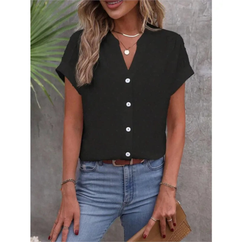 2024 Summer New Solid Color Jacquard V-neck Button Women's Shirt Elegant Office White Cardigan Shirt Loose Tops Blusa Feminina