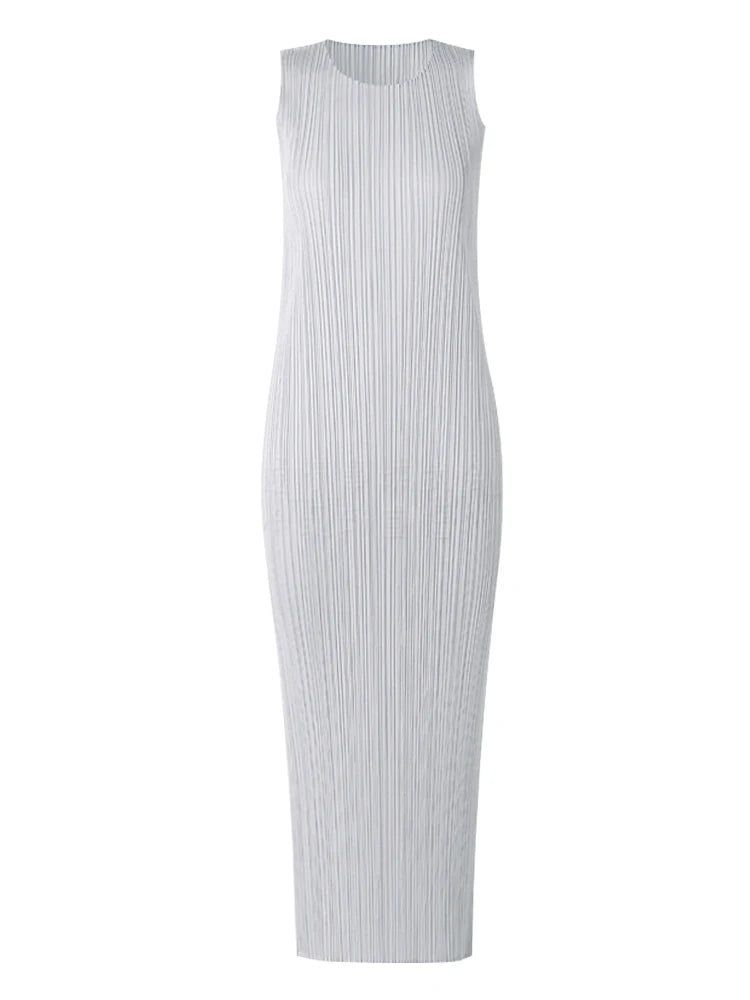 Miyake Pleated Women Dress Summer Sleeveless Long Classic Korean Fashion Casual Elegant Female Lce Water Blue Beach Dress TP5045