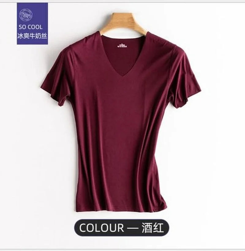 Fashion Summer Seamless Breathable Ice Silk T-Shirt Vest Men's Sports Short Sleeve T-shirt Ice Silk Solid Color V-neck M-5XL