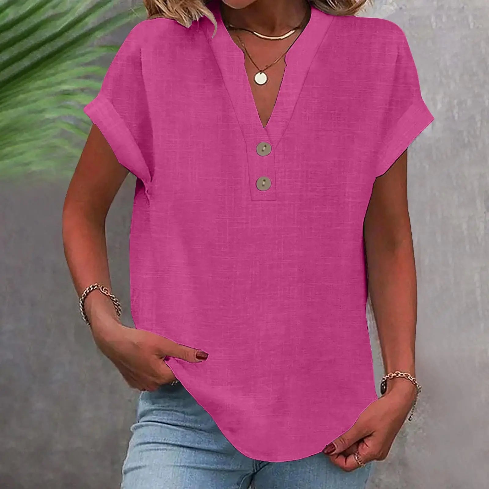 2025 Summer Cotton Linen Breathable Solid Color Button Down V-neck Shirt Basic And Versatile Casual Comfortable Lady Office Tops