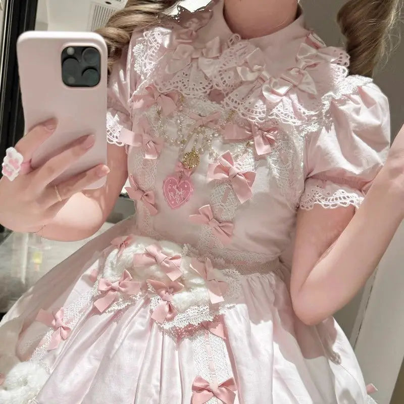 2025 New Summer Kawaii Short Sleeved Blouse Japanese Lolita Cute Sweet Versatile Thin Blusas Women Shirt Princess Party Vestidos