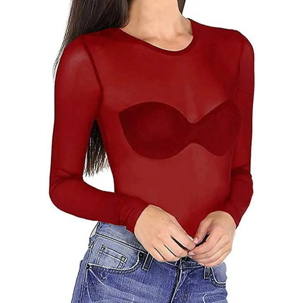 Women Mesh Bottoming Shirt See through O Neck Long Sleeve Lady Blouse Slim Fit Sexy Clear Sun Gauze Tops