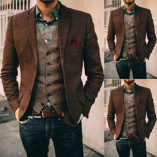 (Only Coat) Men's Suit Brown Herringbone Blazer Prom Tuxedos Wool Tweed Single Breasted Two Buttons Bussiness/Wedding Jacket