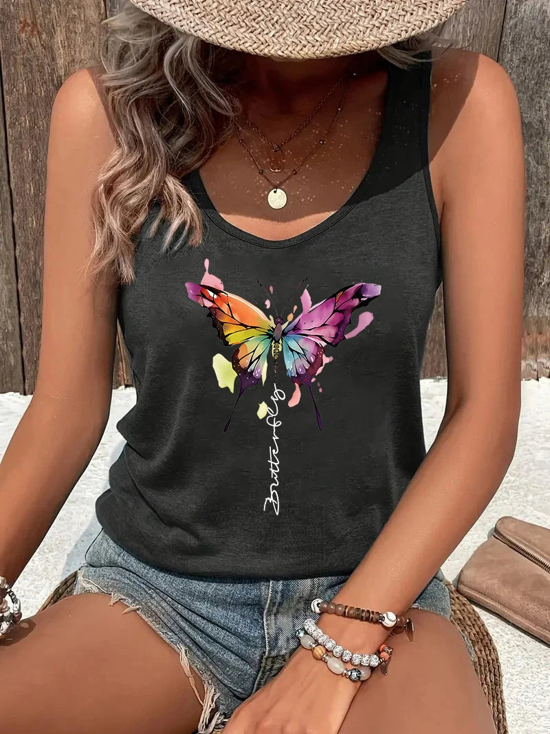 Colorful butterfly Print Women Tank Top Sleeveless Casual Summer New Crew Neck Tops for Women Clothes