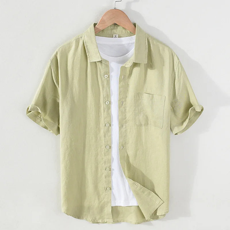 923 100% Linen Men's Summer Fashion Shirt High Quality Solid Color Simple Casual Short Sleeve Blouses Basic Thin Breathable Tops