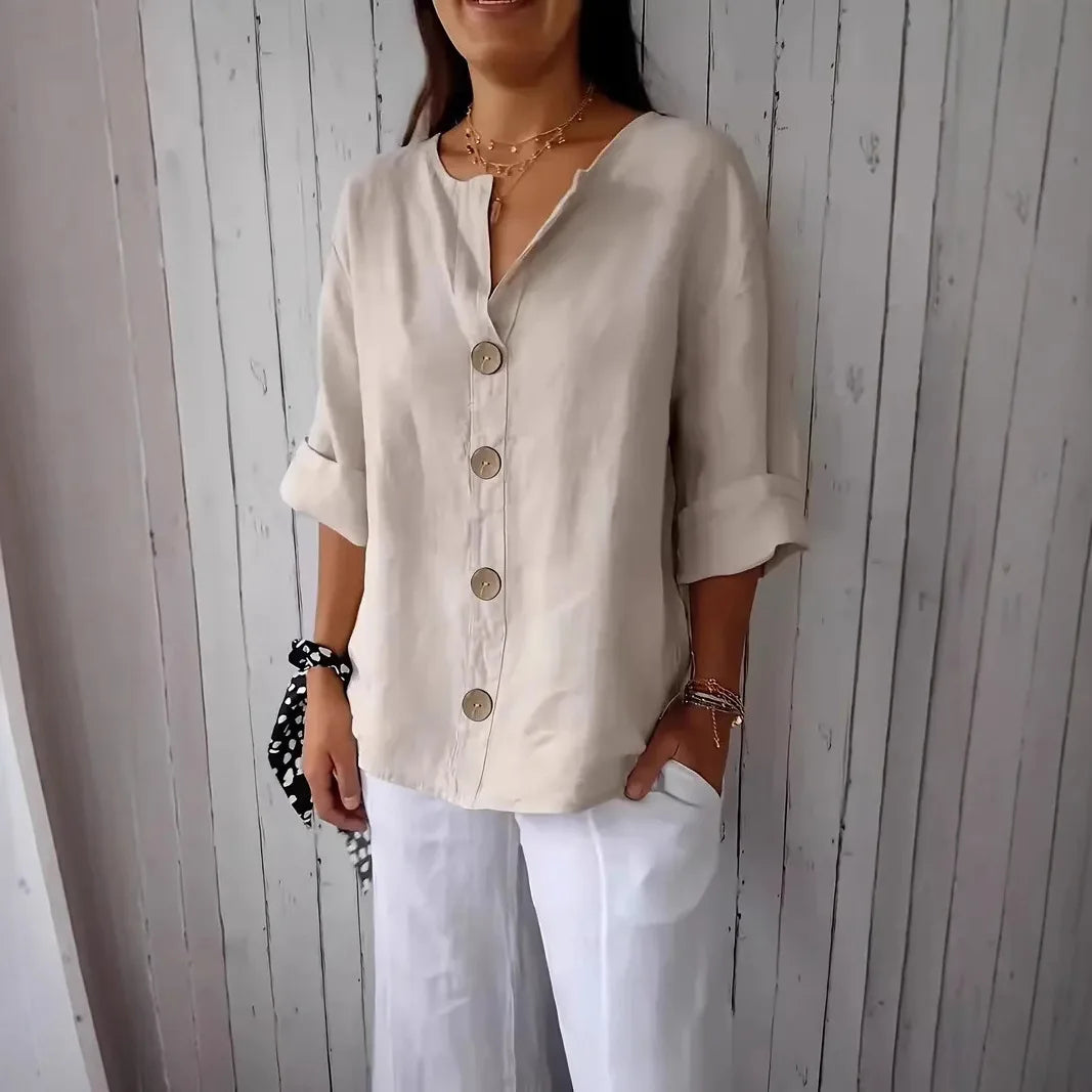 New Summer Loose Shirt Women's V-neck Cotton Linen Button Top Casual Shirts Solid Fashion Elegant Office Womens Clothing 2025