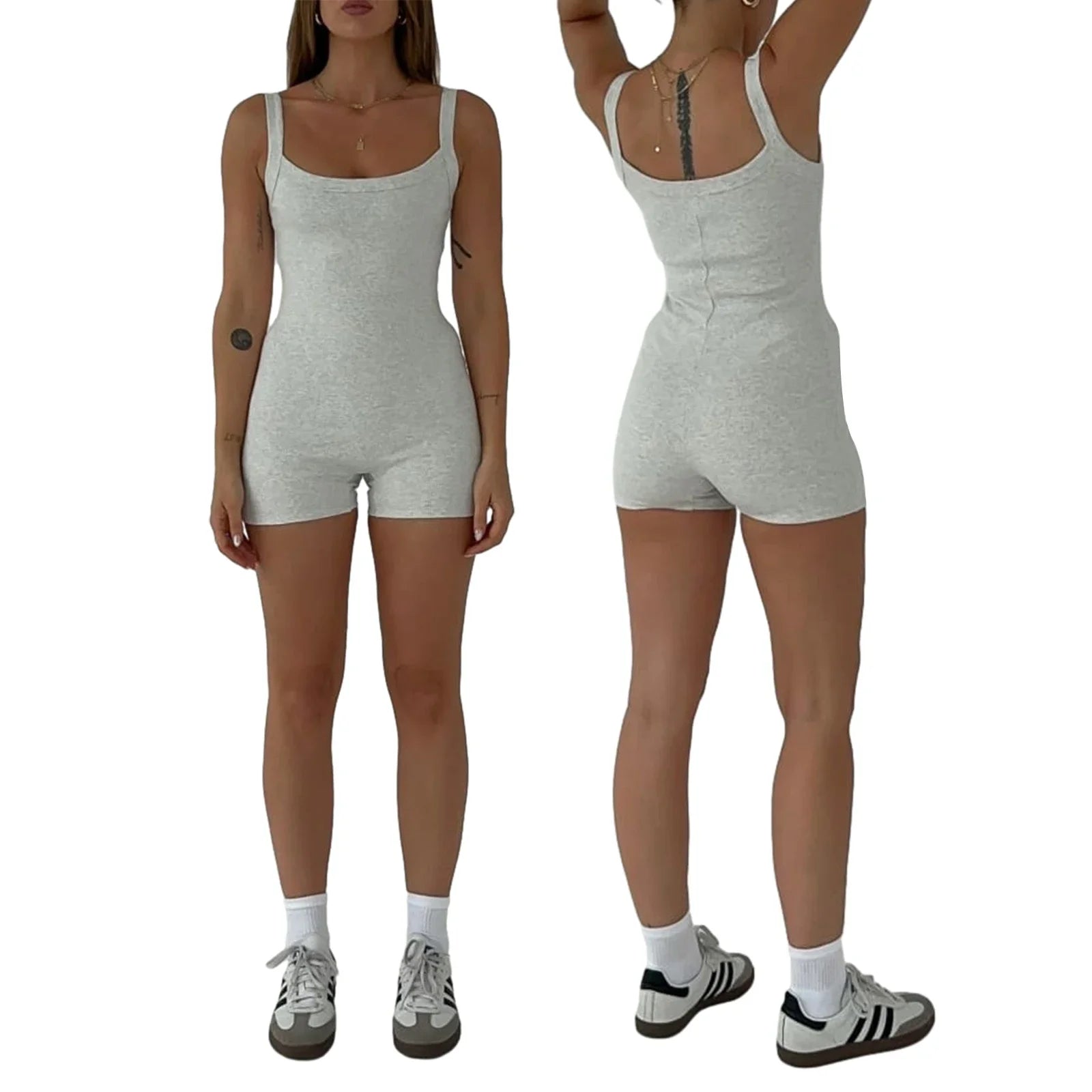 Combhasaki Womens Casual Sport Retro Bodycon Sleeveless Romper Solid Color Ribbed Sleeveless U-Neck Short Slim Jumpsuit Playsuit