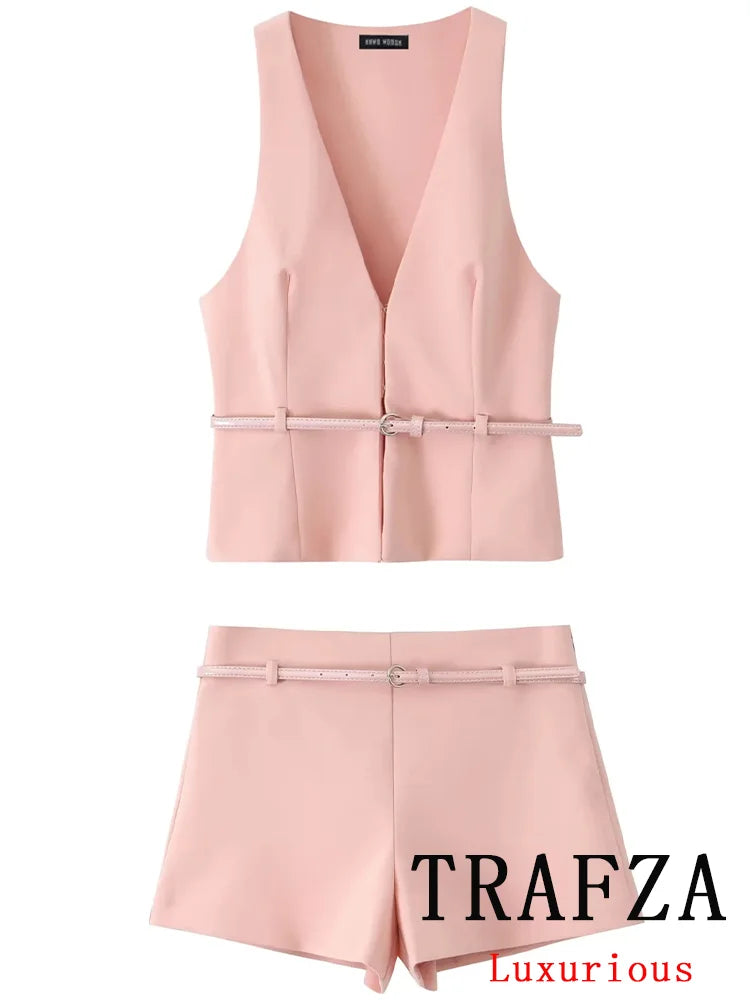 TRAFZA Vintage Chic Solid Women Suit V Neck Sleeveless Sashes Vest Blazer Straight Shorts New Fashion 2025 Summer Office Sets