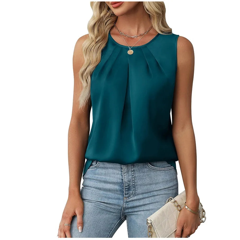 2025 Women's Sleeveless Chiffon Blouses Casual Solid Colors O-Neck Tank Tops Elegant Summer Office Lady Work Shirts Y2k Clothes
