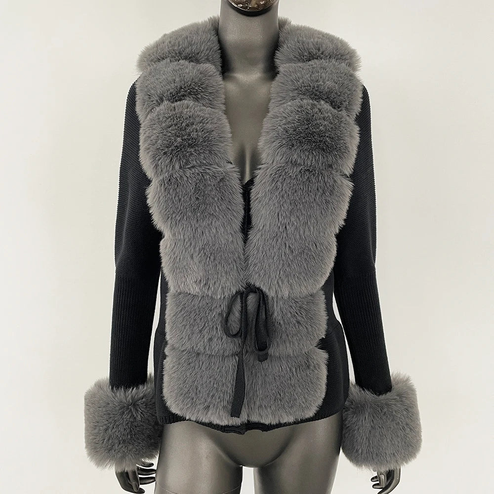 FURYOURSELF 2025 Autumn Winter Women's Short Knitted Sweater with Artificial Fur New Brazilian Best-selling Women's Cardigan