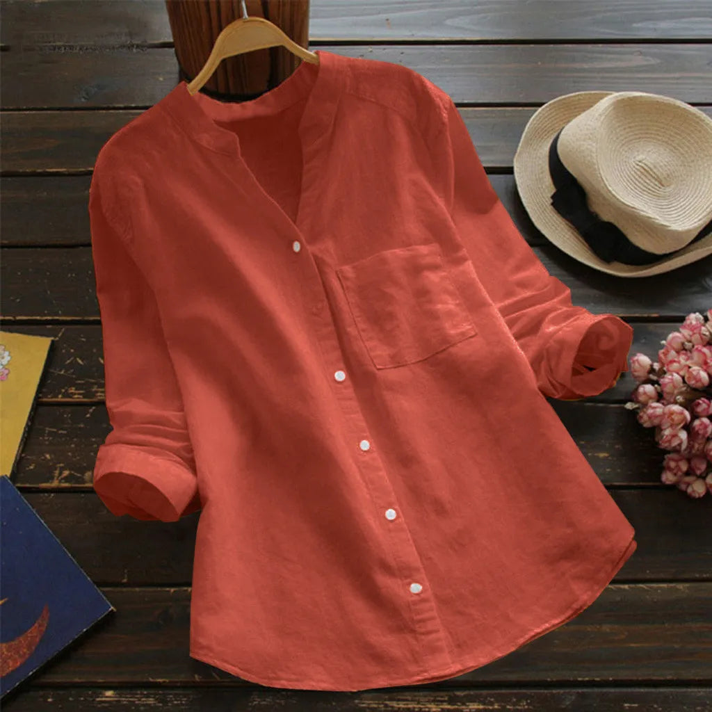 Women's Casual Retro Cotton And Linen Shirts Loose Solid Color V-neck Cardigan Button ladies Yellow White Autumn Shirt Tops