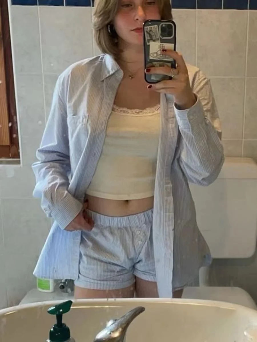 Blue Striped Blouse Shorts Set Woman Lapel Pocket Loose Shirt Drawstring Buttons Straight Short Pants Casual 2 Pieces Set Outfit